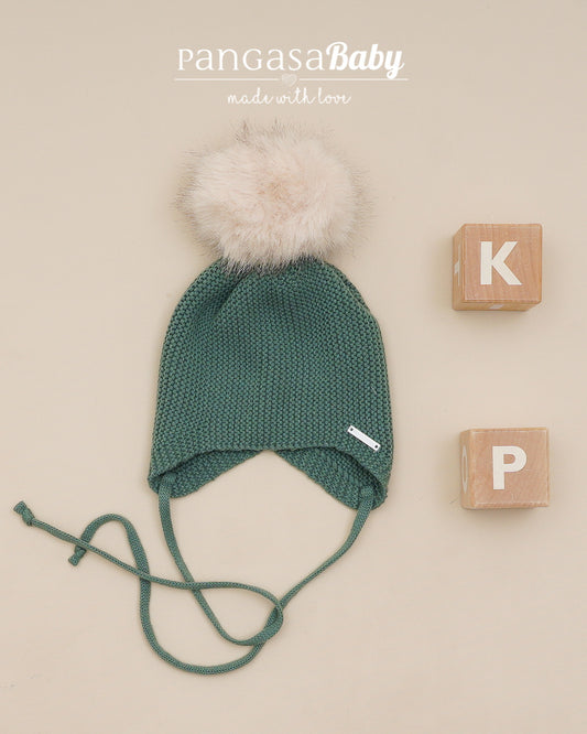 Gorro Orejero Pompón Pelo Verde Olmo - Pangasa Baby